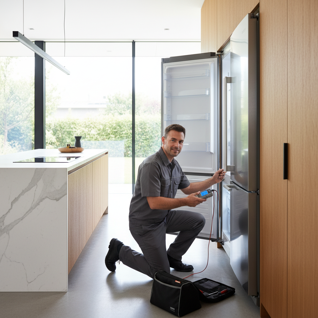 Professional appliance technician inspecting a built-in refrigerator